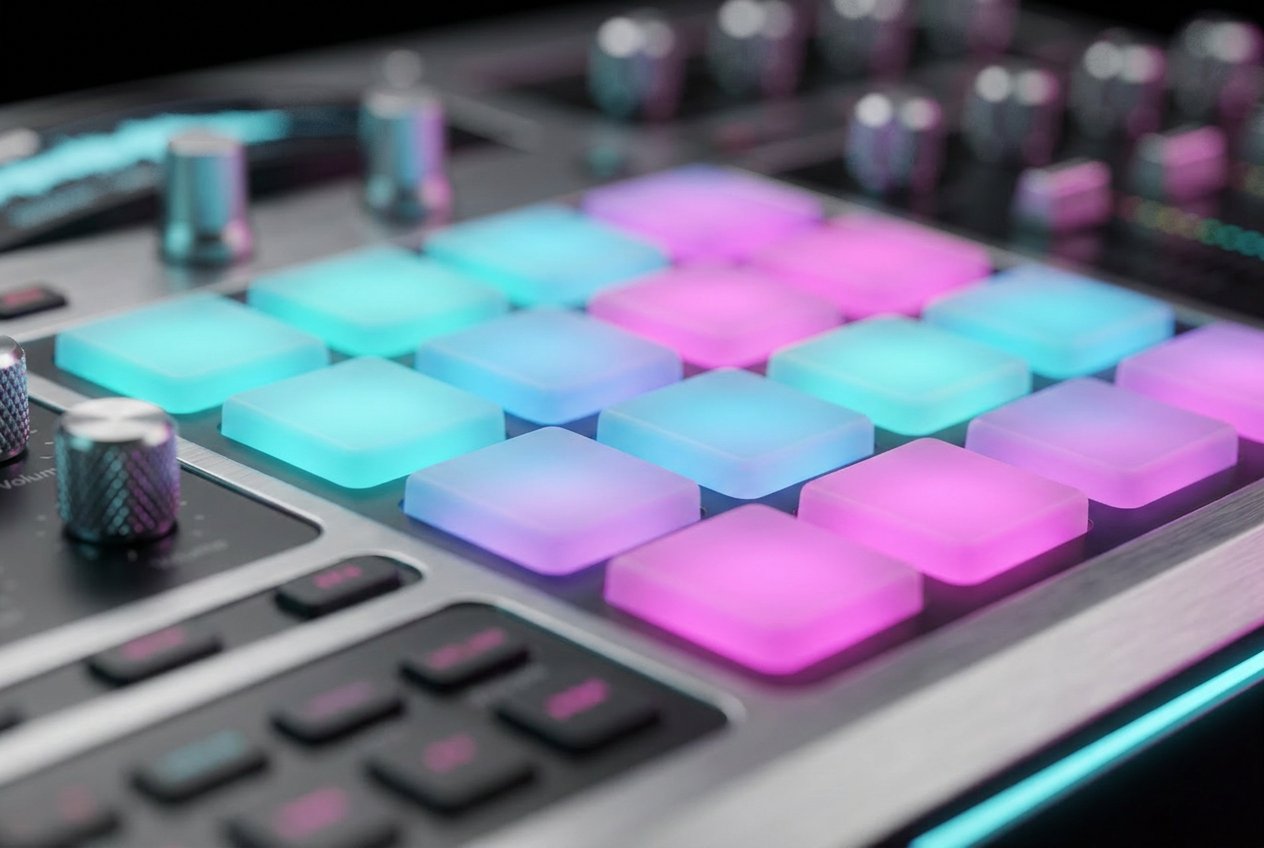 Beat cover art — macro of backlit Kortex pad grid.