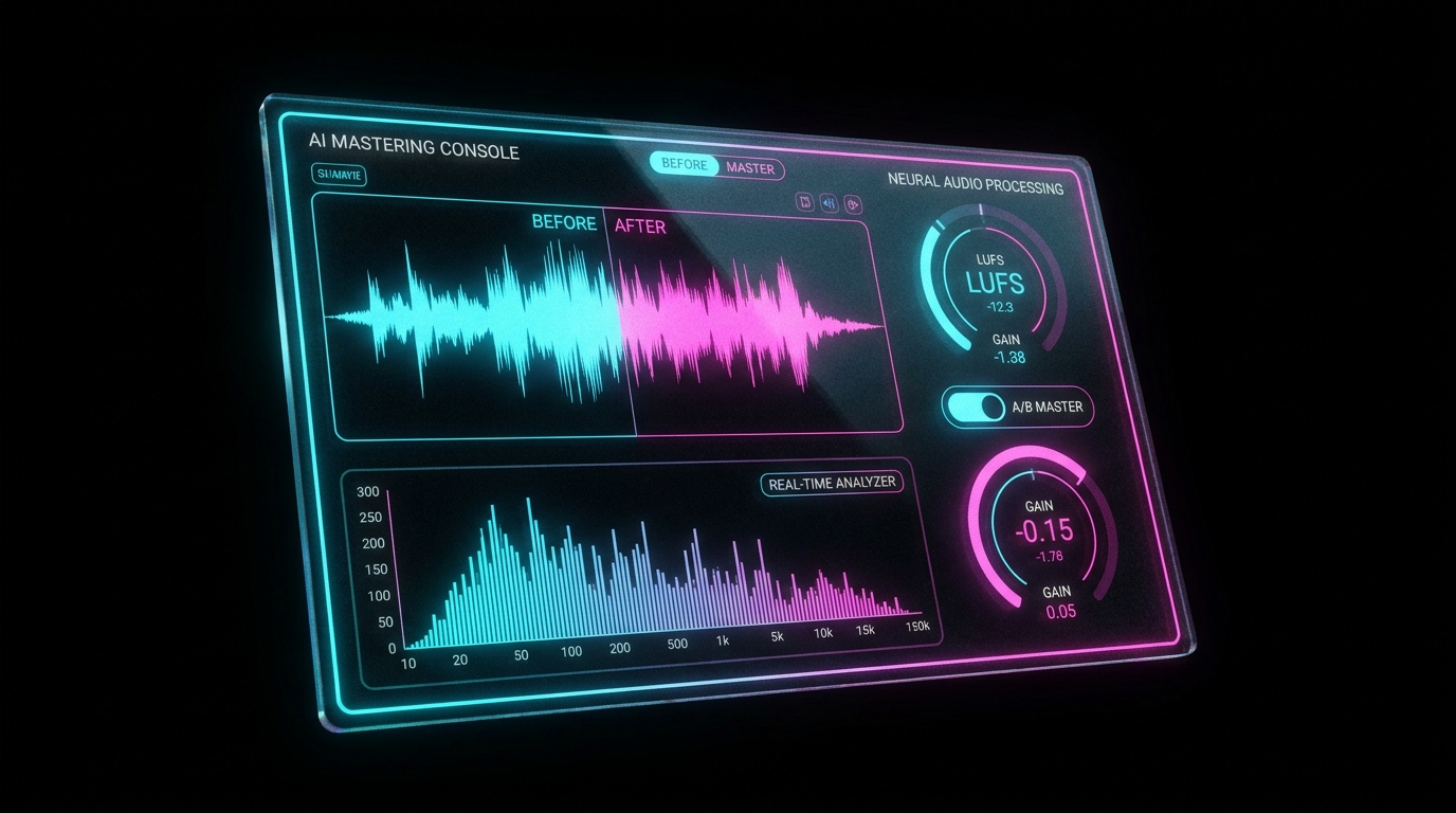 Kortex AI mastering console showing before and after waveforms, spectrum overlay and LUFS metering.